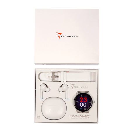 TECHMADE SMARTWATCH SILVER case+WHITE belt+WHITE earbud BUNDLE