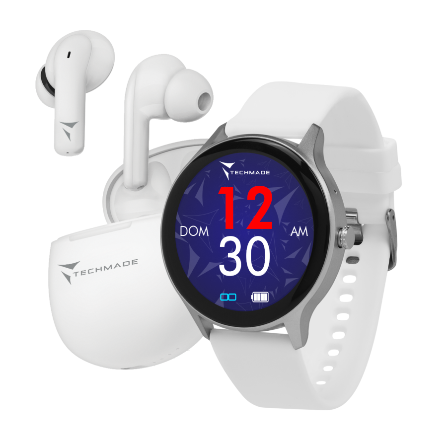 TECHMADE SMARTWATCH SILVER case+WHITE belt+WHITE earbud BUNDLE